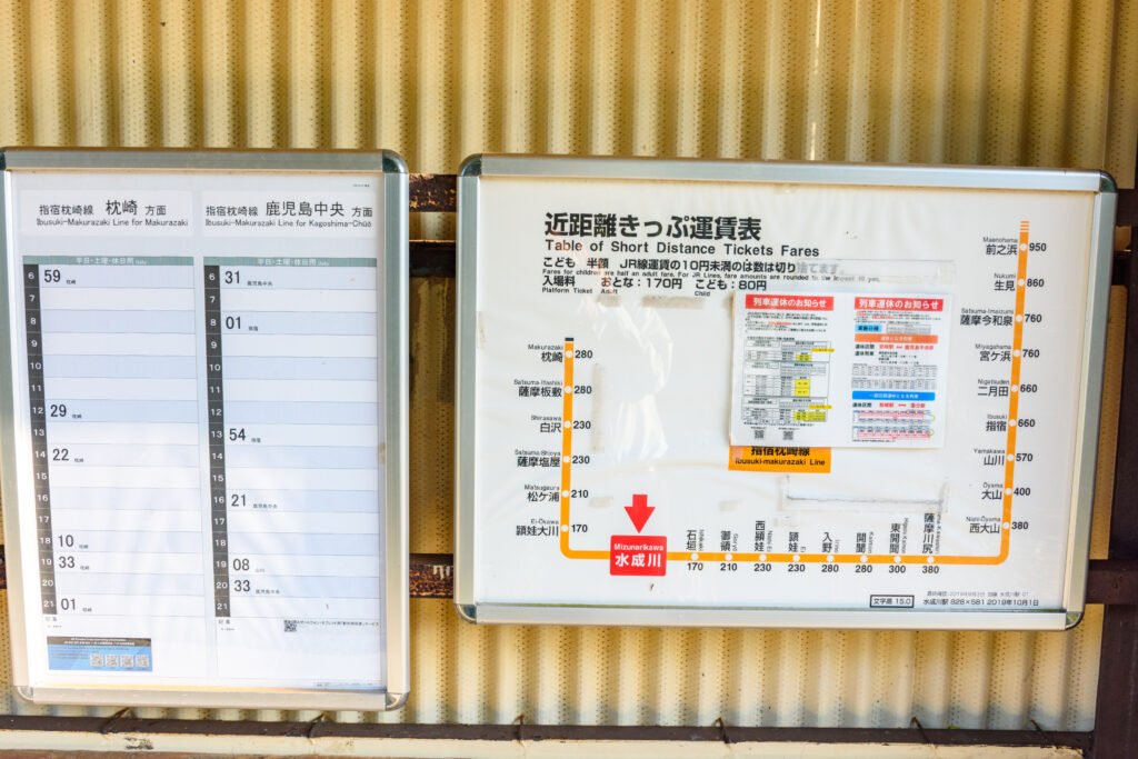 水成川駅の時刻表と運賃表。